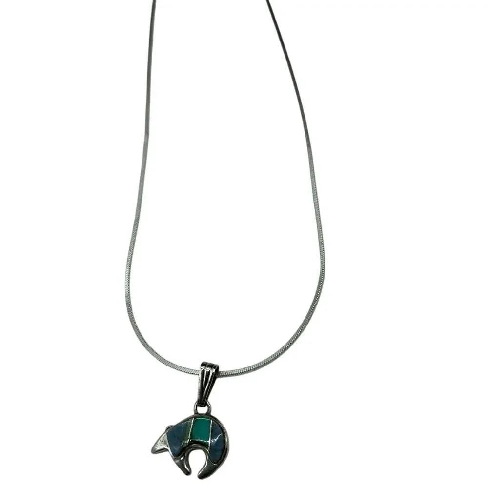 Calvin‎ Begay Native inlay Bear pendant 925 Turquoise chain Italy signed